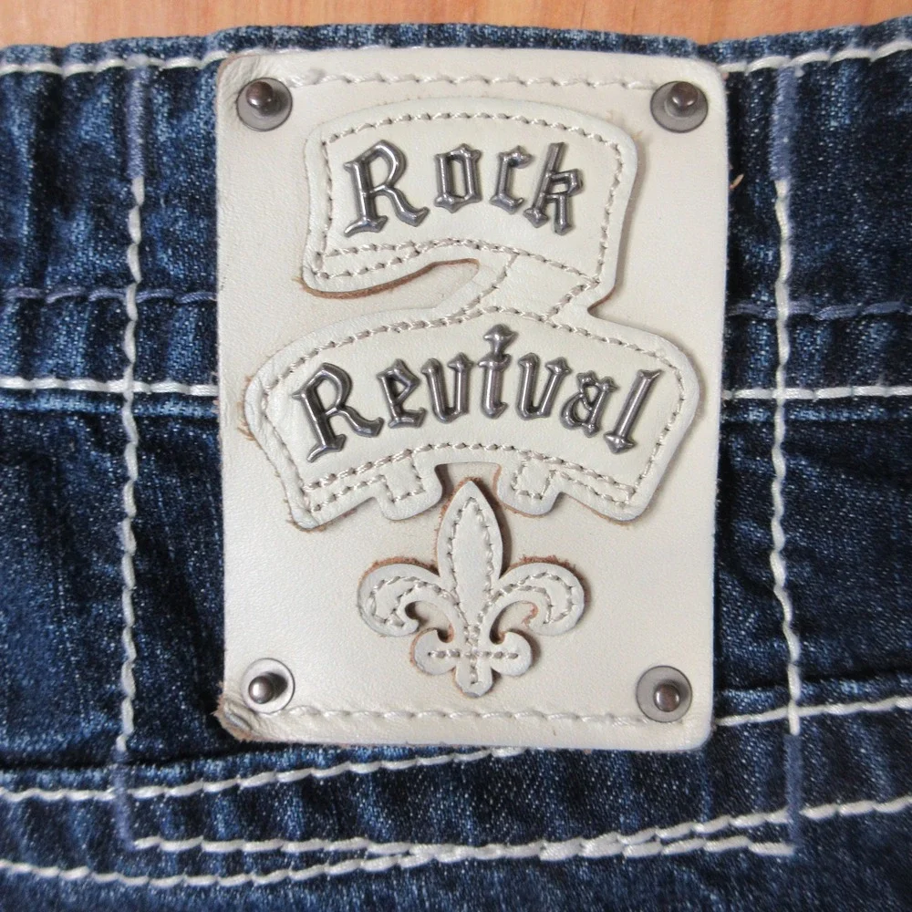 ROCK REVIVAL Mario Straight Leg Jeans 40 (42) X 33 Dark‎ Wash Denim Fleur-de-lis